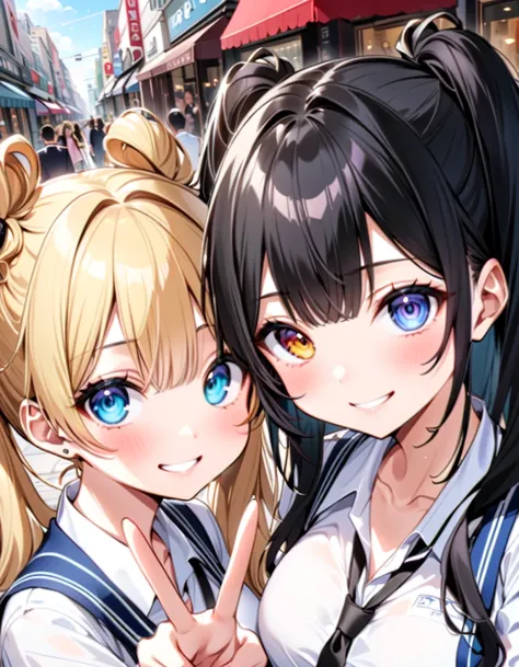 (ultra-detailed, master piece, best quality, high resolution, beautiful hair, beautiful eyes, expressive eyes, perfect face, perfect and correct human structure, 2girls),
 ((blond and black hair)),
 crowded Akihabara street, sidewalk ( (
 Blonde and black ...