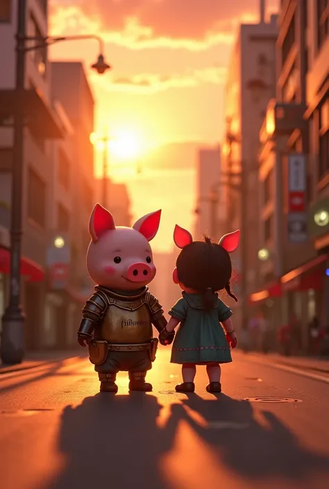  A piggy in armor and a girl on the street,  sunset city street , movie lighting, AR 9 film shooting:16-N 6-G, Japonismo 3 D 8 K hyper-detailed, Realistic street view , Octane rendering. Author: Makoto Shinkai,  realistic evening lights , Akihiko Yoshida. ...