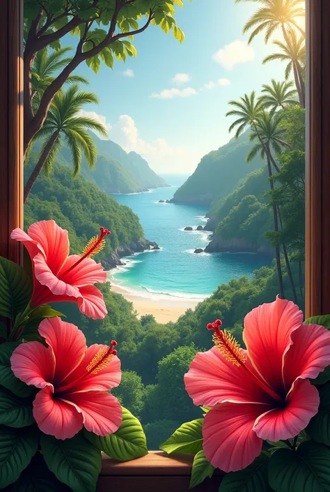  Create red and pink hibiscus flowers in a lower part of a window. In the background you can see a tropical forest and the beach 