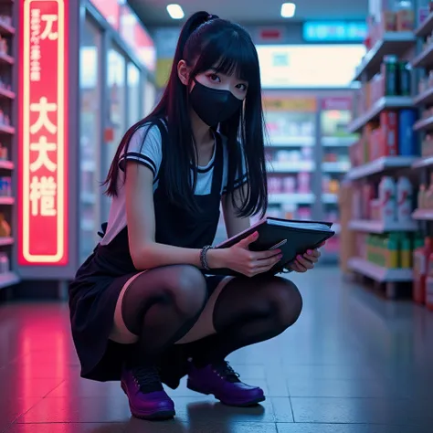 Japanese young woman 　 Mine Style Makeup 　Menhera white 　Black hair with straight ponytail　 with bangs　Crouch down　 black mask　 apron　Purple Shoes　 black stockings　 SHORTS　Convenience store part-time job　Pen and binder in both hands　 strong contrast　 highe...