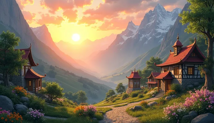 A radiant sunrise over a peaceful mountain village, with golden light illuminating the rooftops, vibrant green trees, and colorful flowers blooming in every corner."