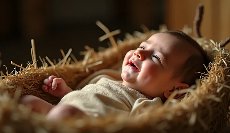 baby Jesus in peace and happy in his straw cradle while Mary, His mother cries for his impending death