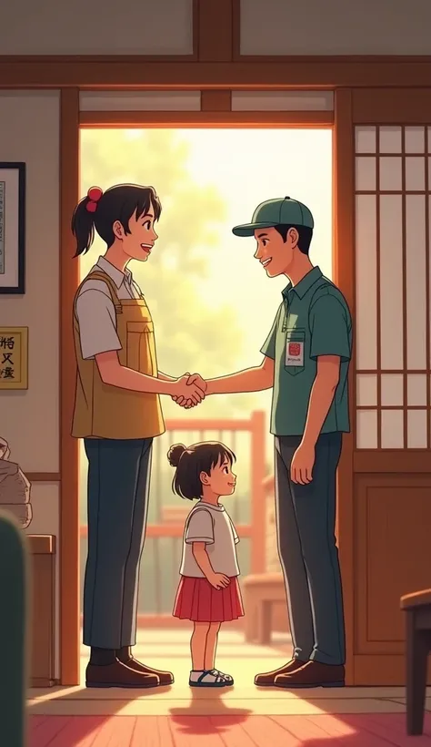 Japanese family and delivery man shaking hands while expressing gratitude with joy
There are two delivery workers who look