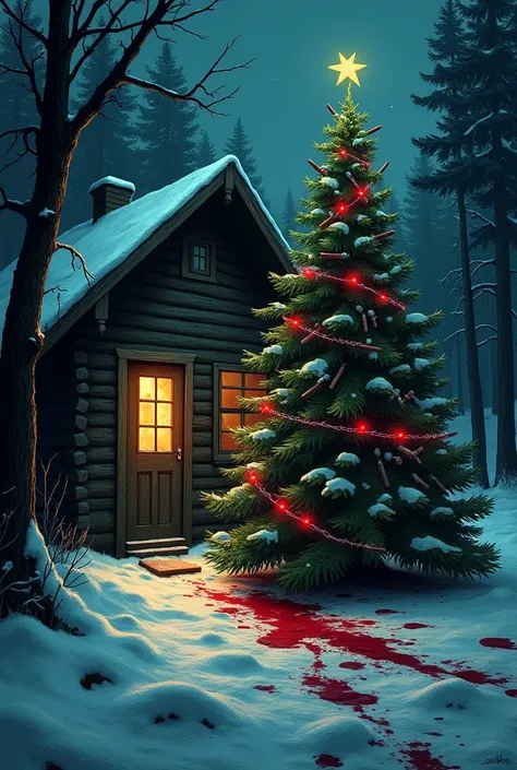 The text ""NAVIDAD DE MUERTE" over a detailed illustration of a dark and eerie winter cabin surrounded by snow, with a sinister Christmas tree inside the cabin glowing ominously. The tree is decorated with sharp knives instead of ornaments, wrapped in flic...