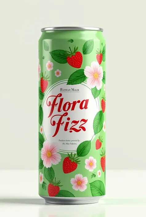 "Design a sleek and modern drink can for a fizzy floral beverage named Flora Fizz. The can features delicate strawberry flowers with small white petals and yellow centers, complemented by vibrant green leaves. The floral patterns are artistically scattered...