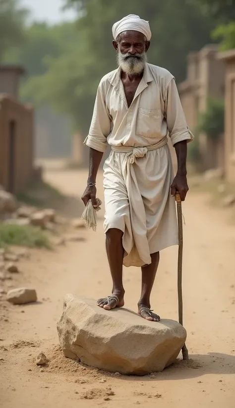 A large stone blocks the path. The old man stops,Age: Around 70-80 years old.
Face: Dark brown skin with light wrinkles, white beard, and mustache.
Eyes: Small and somewhat tired.
Clothing: Simple traditional attire, like a plain white kurta or lungi, with...