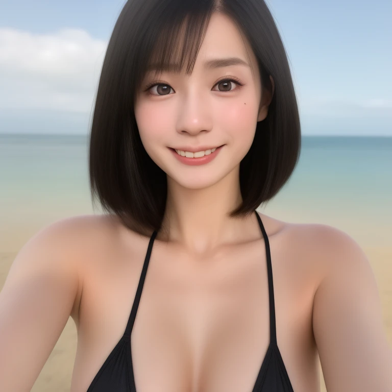 (kawaii 24 year-old Japanese girl, Nogizaka idol, Korean idol), healthy female athlete body, (glossy black hair, short hair, pixie cut, bangs:1.3), (rounded face, beautiful black eyes, single eyelid, no makeup:1.2), (big laughing, well whitened even teeth,...