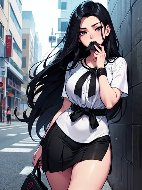  22-year-old white skin almost speaks black hair tight black socks tight black sneakers black hair,  hair parted in half black hair parted in half  ,  with the mouth closed  , , womens blouse tousled hair tie Grantilia  , light long skirt alone  ,  extreme...