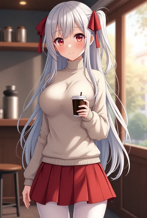 Anime girl sexy body white silver hair very red eyes with .  white sweater model type of the turtleneck sweater .  red skirt white tights black sneakers long hair big breasts very beautiful coffee shop background 