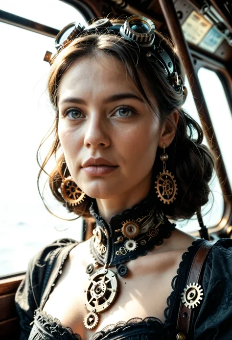 steampunk girl, portrait, 1girl, beautiful detailed eyes, beautiful detailed lips, extremely detailed face and skin, intricate mechanical gears and brass elements, ornate victorian dress, airship in the background, advanced technology, cinematic lighting, ...