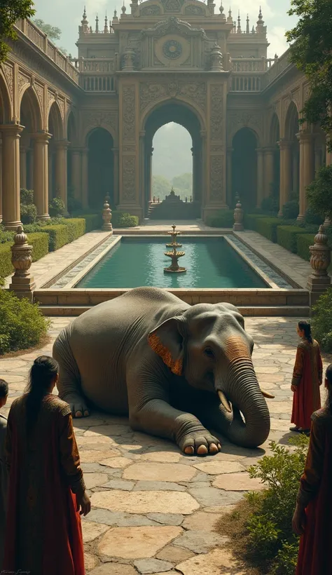 A royal palace with a sick elephant lying down. The elephant looks weak and tired, surrounded by concerned courtiers.