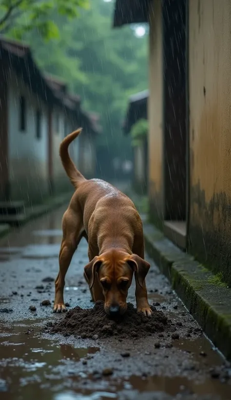 Rain on wet ground, 1 Thai dog digging the soil under the plaster. The background is a building.