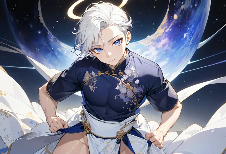 Fresh illustration,
Ultra-fine drawing,
Very delicate illustration,
Very fine details,
One boy,
Full body,
Height 158cm,
Fair skin,
Right eye is purple,
Left eye is blue,
Odd eyes,
Heterochromie iris,
Beautiful eyes,
Large black pupils,
Cleanly cut hairsty...