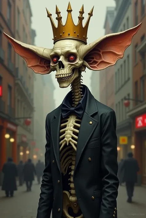 Create a painting in the style of a dark, satirical cartoon, depicting a crowned, grotesque figure in a skeleton suit. The figure should have exaggerated features, including large ears and a peculiar face. The background should be a blurry street scene, ad...