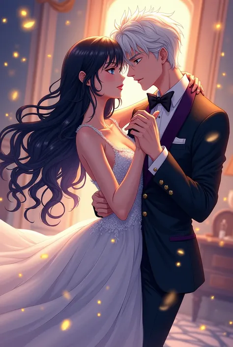 The heroine, with long black hair, blue eyes, wears a beautiful evening dress, the white-haired hero with yellow eyes, wears a posh outfit. The two are dancing in a luxurious and dreamy, manga-striped dance.