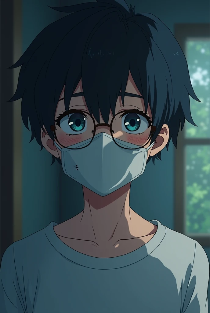 shy anime male wears a mask and glasses