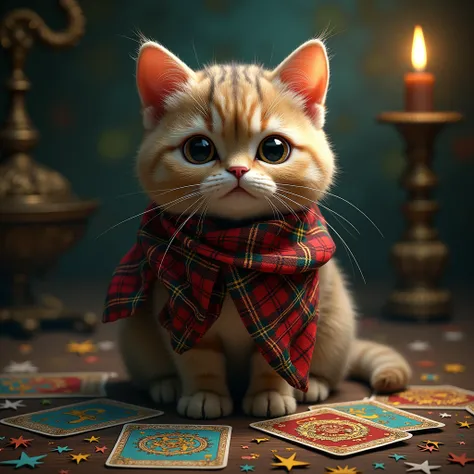 Exotic shorthair cat with horoscope plaids, gypsy cards