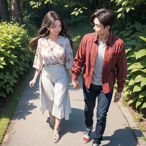 From above view, from camera view is from tree branch, of a young man and a young beautiful woman are talking and are walking away from the camera. Both are laughing. Showing full bodies of a couple. 

Leaves and branches foreground.

Man boy male is weari...