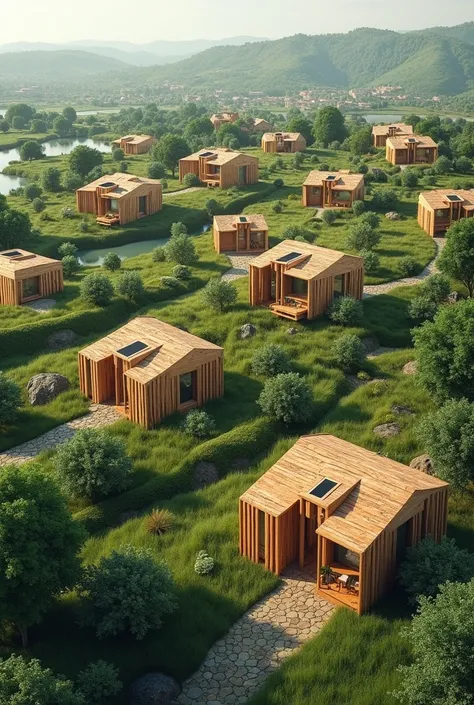 The plan of a residential city built of wood is only one floor. Each house is on green land and has a natural view 