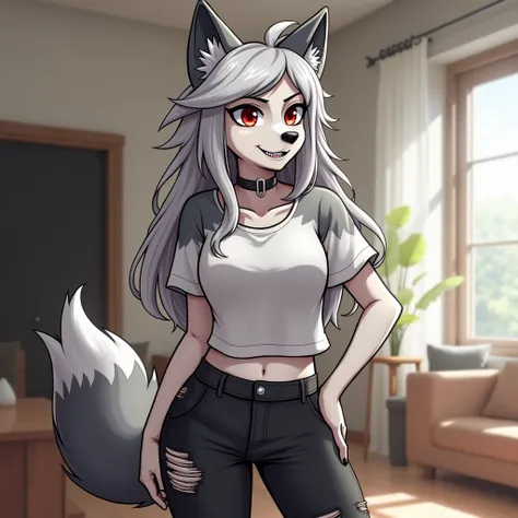 draw this loona is an anthropomorphic female wolf. She has a pointed dog-like snout with sharp, pointed teeth and a dark grey nose. Her eyes have red sclera with white irises and she wears dark grey eyeshadow. She has a piercing in her right eyebrow. 

Her...