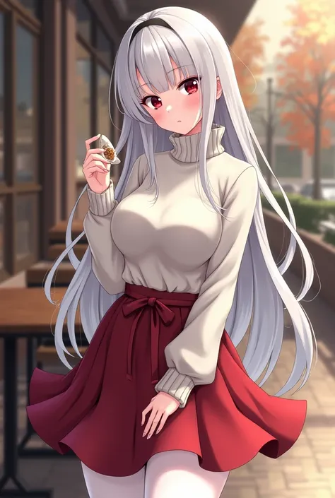 Anime girl sexy body white silver hair very red eyes with .  white sweater model type of the turtleneck sweater .  red skirt white tights black sneakers long hair big breasts very beautiful coffee shop background mirandme alos ojos sonrojada de los cachete...