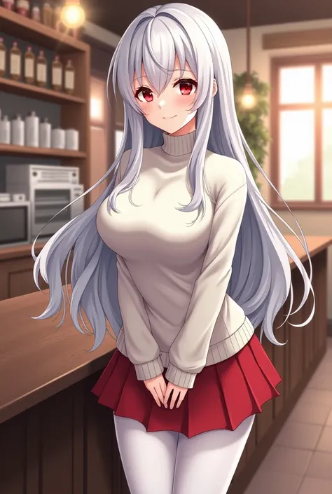 Anime girl sexy body white silver hair very red eyes with .  white sweater model type of the turtleneck sweater .  red skirt white tights black sneakers long hair big breasts very beautiful coffee shop background mirandme alos ojos sonrojada de los cachete...