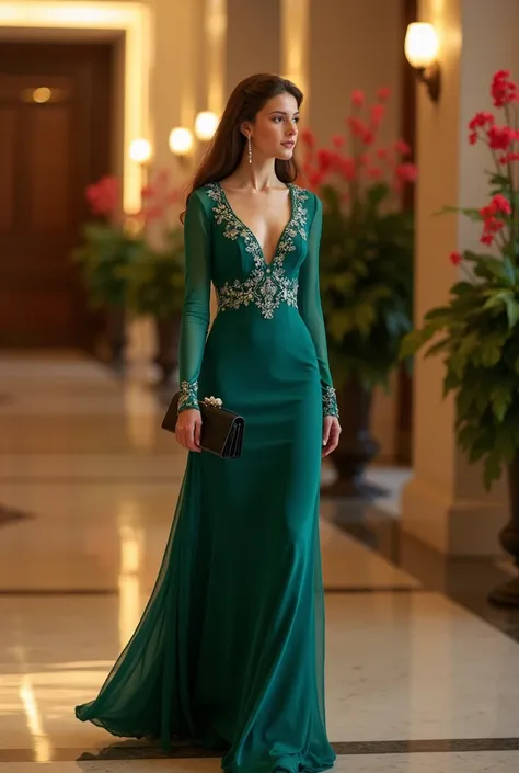 A 20 years-old europe princess. light skin and brunette hair. long sleeves dress. long green blue dress with squins accents for evening event. wearing pearl earings. walking in lobby hotel decorated with flowers in evening. she holding black clutch. 