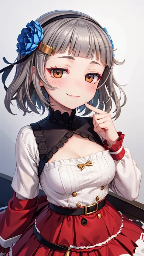 (((solo))), 1 woman, Sakuya Kurobane, sakuyaunif, kurobane_sakuya, (brown eyes), short hair, grey hair, black hairband, blue hair flower, red eyeliner, blush, smile, beautiful chest, medium chest, (upper body), santa claus