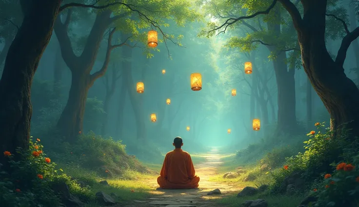 A vibrant forest with a glowing path leading to a peaceful clearing where the monk sits cross-legged, surrounded by floating lanterns that symbolize wisdom and calmness."