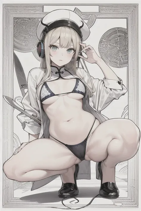  Move 、  Im wearing a hat and knife  .,   Im wearing headphones , (masterpiece,    best quality)    Detailed   , Silver accessory    , Blonde ,,     pointy ear    ，   Chinese element pattern   ，   Wear a white shirt   ,belly button exposure,  Full body , D...