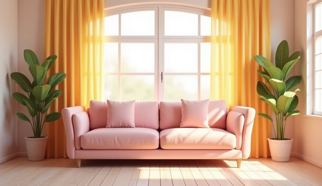  inside the living room with a pink sofa, there are yellow curtains , no people 