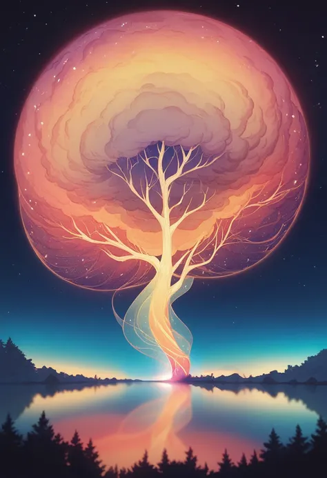 A majestic, vibrant tree standing on a reflective lake under a starry night sky. The tree has branches illuminated in a gradient of vivid colors, including bright greens, deep blues, fiery reds, and soft purples. The reflection of the tree on the still wat...