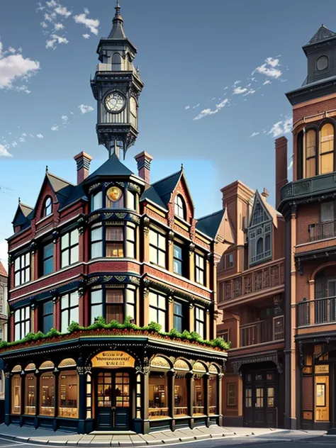 
 An exterior of a glass fronted Tavern on a city street, ((5 story building, Victorian style architecture)).