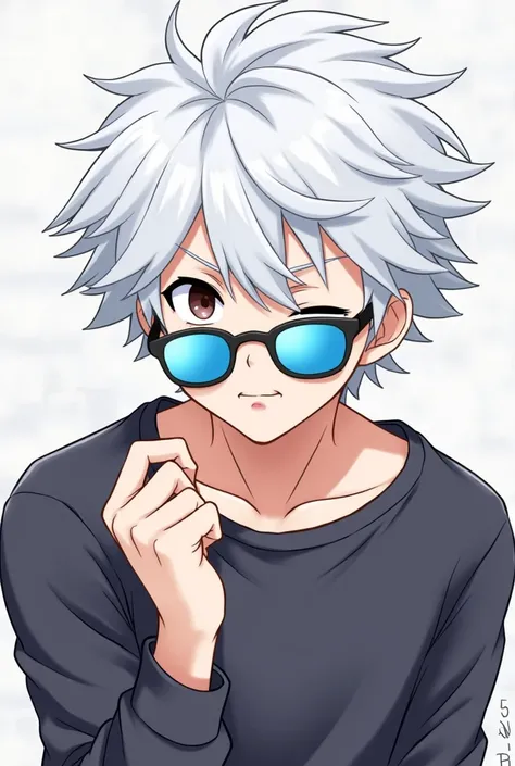 anime character with white hair and blue sunglasses making a funny face, an anime drawing inspired by Okumura Togyu, trending on pixiv, neoism, killua zoldyck, killua zoldyck portrait, ken kaneki, kaneki ken, killua zoldyck black hair, jujutsu kaisen