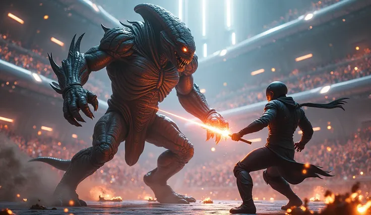 A futuristic galactic arena with two massive gladiators in combat: one is a muscular alien warrior with scaly skin and glowing eyes, and the other is a human ninja, agile and stealthy, dressed in black with advanced tech gear. The atmosphere is filled with...