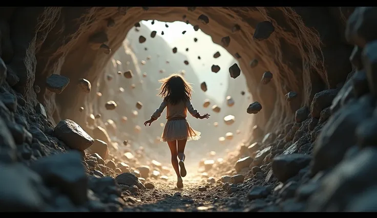 In 3D animation style:A dramatic shot of the tunnel collapsing, rocks falling from the ceiling as the young woman runs to escape.