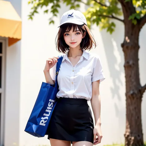 Captured from a high-angle, eye-level perspective, a young Asian-Thai woman confident posture poses with bob brown hair, wearing  a white baseball cap, A white short-sleeved collared six button-down shirt, and a black mini skirt. is standing in front of a ...