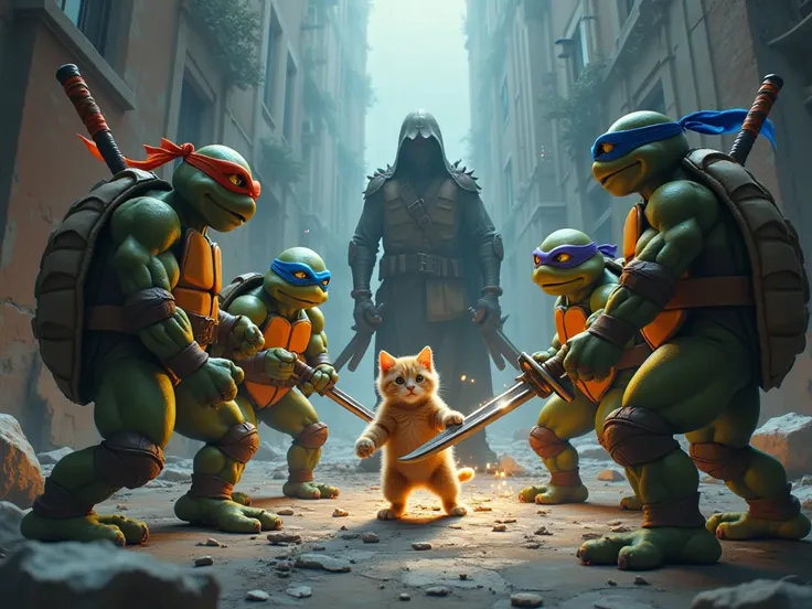 A kitten with a sword and Teenage Mutant Ninja Turtles fight forgiving a shredder 