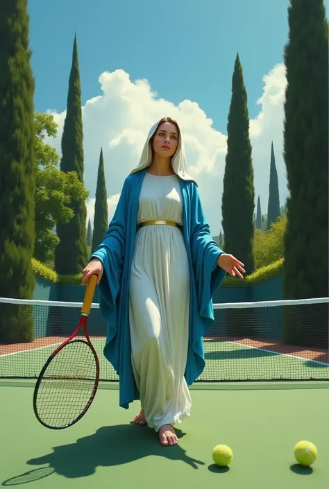 Virgin Mary playing tennis