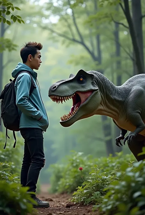  A handsome smooth-faced 24-year-old Korean youth with spiky hair in a light blue hiking jacket and black jeans torn at the knees, the man was in the forest and the man was holding the dinosaur Tirex with his sharp teeth,  best image quality Real and clear...