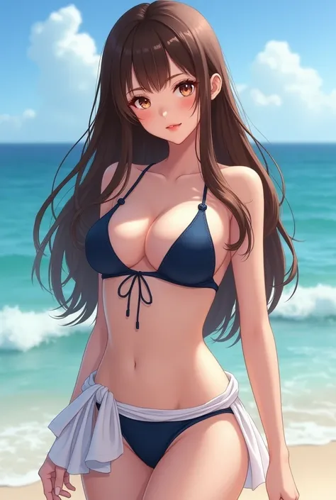 Create me an image in the Korean manwha fanart style with a 20-year-old woman with brown eyes and very long brown hair rebellious with a fringe with a serious and calm look with a voluptuous and beautiful body with a dark blue bikini and a half-short white...