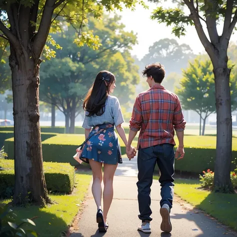 From behind view, from camera view is from tree branch, of a young man and a young beautiful woman are talking and are walking away from the camera. Both are laughing. Showing full bodies of a couple. 

Leaves and branches foreground.

Man boy male is wear...