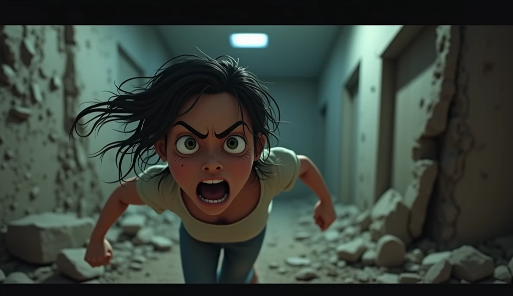 In 3D animation style:A close-up of the young woman’s panicked face as she sprints toward the exit, the walls crumbling behind her.