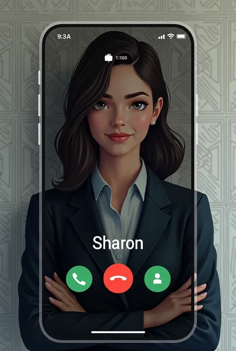 Create a phone caller id “Sharon” with a background that suits a strict character, using emojis or patterns WITH NO HUMAN OR FACE SHOWING