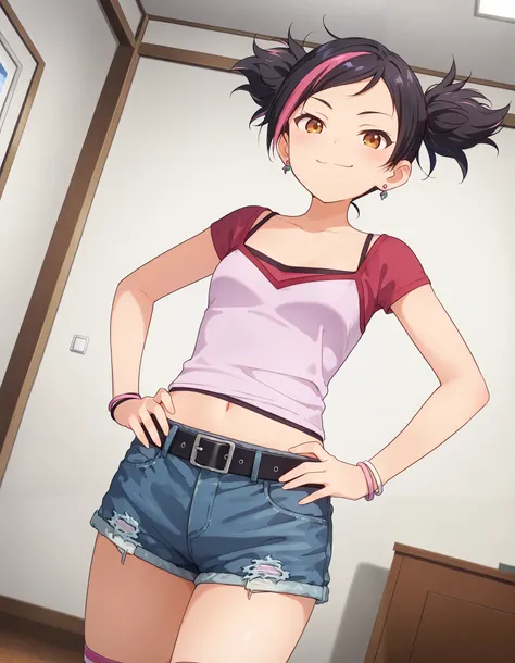 masterpiece, best quality,score_9, score_8_up, score_7_up, source_anime, miko nakadai, short hair, black hair, pink hair, multicolored hair, two-tone hair, twin tails, streaked hair, 3d,, jewelry, earrings, wristband, camisole, shirt, short sleeves, stripe...