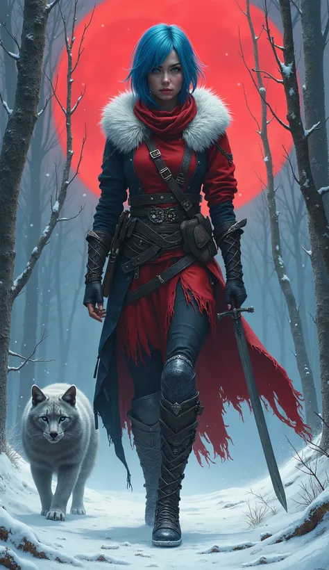 Create A Very Beautiful Hungry Young Woman Warrior Walking Straight, Wearing Warrior Leather Outfit Unique And Colourful Warrior Outfit, Blue Eyes , Death Stears, A Gian Gray Catle Walking Behind Her, Holding A Sword in Hand, A Giant Red Moon Background, W...