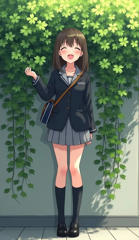 Anime adolescent woman in school dress, blazer with shoulder bag crossed over the shoulder and gray skirt and black socks And black leather shoes is touching the leaves of the ficus elastic and clinging against the face with happiness and joy 