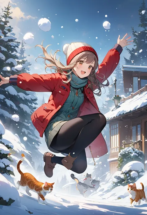 (masterpiece, highest quality, official art:1.2), subtle colors, post-grunge, paint splatters, intricate details, detailed depiction,A whimsical,
cat and a girl are playing in a snow-covered garden. The girl is scooping up snow with her hands, and the cat ...