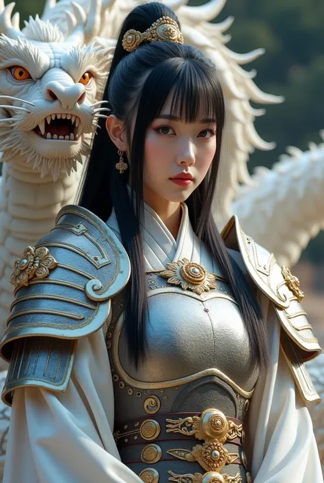  1 Japanese beauty ,  A full-body goddess wearing intricate armor who rules white dragons 、Temple Background、（ Photorealistic :1.4）、 Perfect Anatomy、Glowing Skin、 black hair、 BOB CUT HAIR、 with straight eyebrows and bangs 、A nicely aligned neckline 、 small...