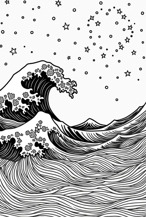 An otherworldly ocean with dancing waves reflecting the constellations, adult coloring sheet, contour, vector, clean line art, white background, detailed, black and white, in the style of kalamkari design, with bold and deconstructive black and white visua...